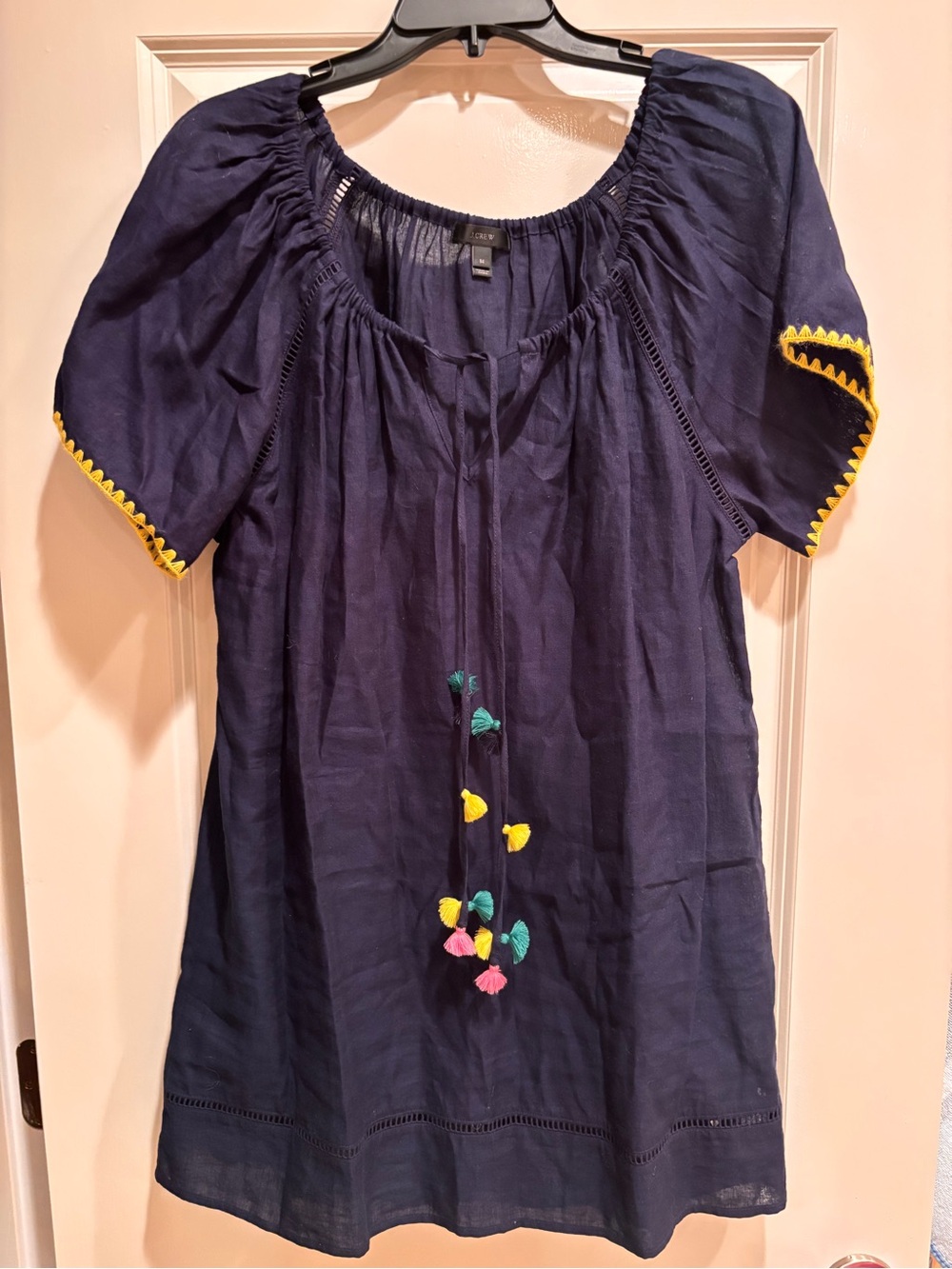 J.Crew Women’s Peasant Dress M Navy Linen Blend Tassel